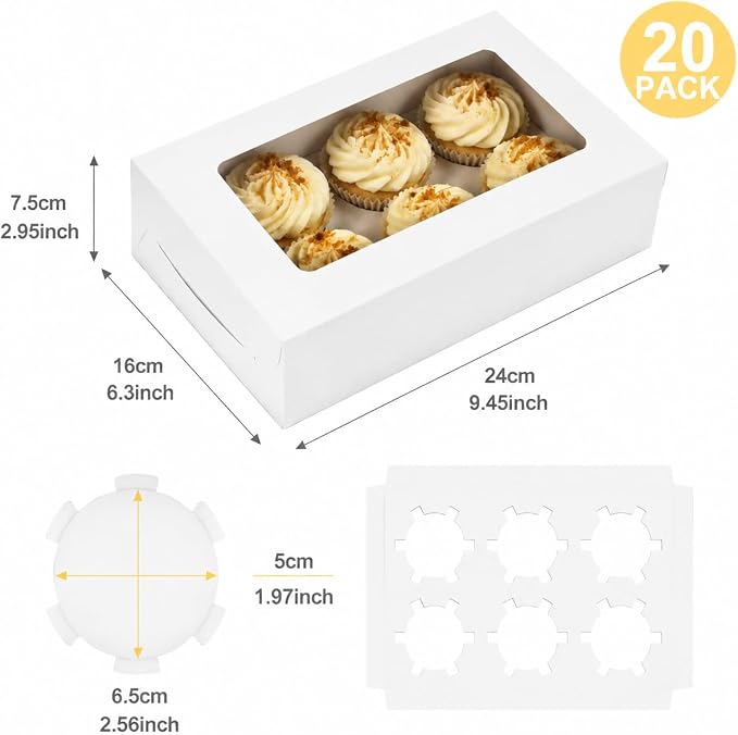 Pralb 20Pack White Cupcake Boxes with Inserts 6 Holders,White Standard Bakery Boxes with Pvc Window,Cupcake Containers Bakery Cake Box,Auto-Popup Cupcake Containers Carriers Bakery Cake Box(9x6x3inch)