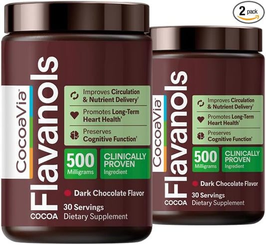 CocoaVia Cocoa Flavanols 500mg – Heart and Brain Support, High Flavanol Cocoa Extract, Boosts Nitric Oxide, Blood Circulation and Memory, Preworkout, Vegan, Gluten-Free, Dark Chocolate, 60-Day
