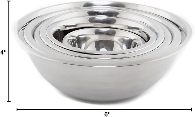 (Set of 6) Mixing Bowls Standard Weight Stainless Steel, Mirror Finish, 3/4, 11/2, 3, 4, 5, and 8 Qt