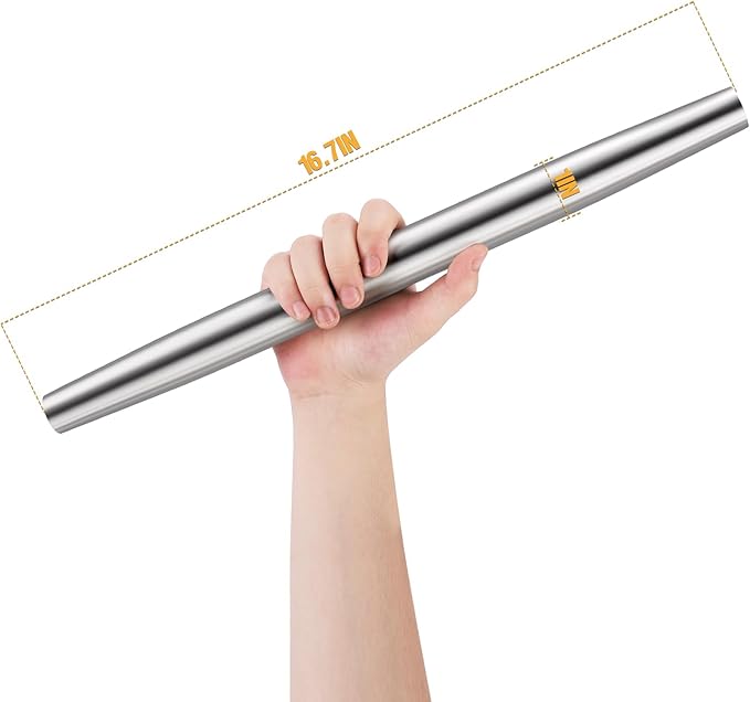 AMUZHI Smooth Seamless Stainless Steel Rolling Pin, 16.7 Inch | Easy to clean food grade metal, ideal for daily pizza, pie, pasta, dumpling and cookie dough household baking