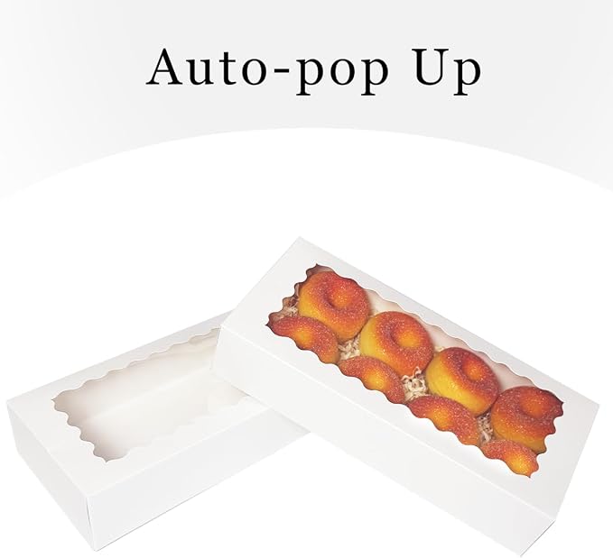 qiqee Auto-pop up Cookie Box with Window 12x5.5x2.5 Inch White 50Pcs Pastry Macaron Bakery Pie Box For Packaging