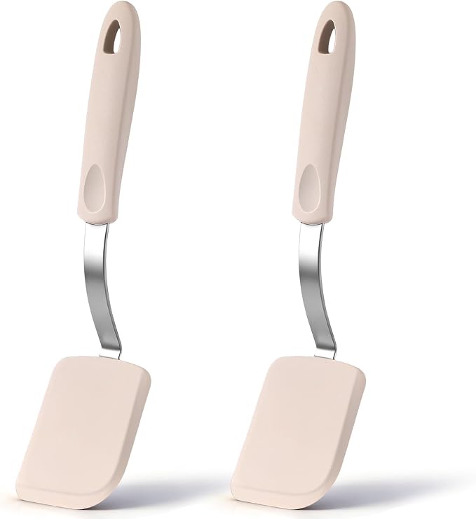 Silicone Cookie Spatula Turner 2 Pack Mini Brownie Spatula Flexible Kitchen Small Silicone Turner for Nonstick Cookware Heat Resistant No Scratch Flipper for Pancake(Solid Flat,Khaki)