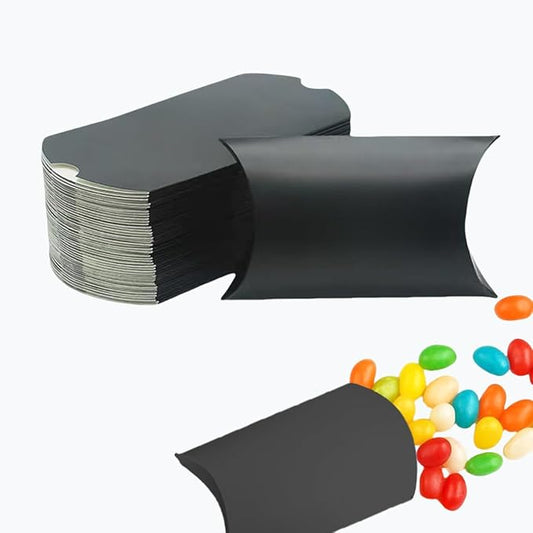 icyhey 50 Pcs Kraft Paper Pillow Gift Boxes,3.5x2.6 Inch Mini Folding Treat Boxes, Creative Favor Box Folding Treat Boxes for Bakery, Candy, Jewelry, Wedding & Party Favors(Black-1)