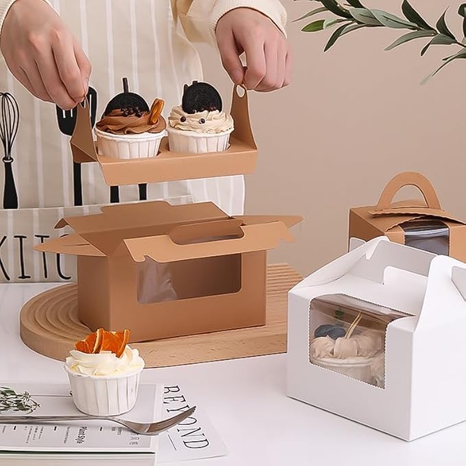 25Pcs Cupcake Containers -2 Holders Individual Cupcake Boxes with Clear Window Inserts and Handle Cupcake Muffins Cupcake Carriers for Birthday Party Wedding Cookies Pastries (Brown)
