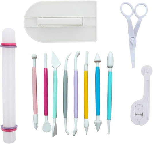 ScivoKaval Marshmallow Fondant Cake Decorating Hand Tool 12 Pcs 5 Sets Sugarcraft Gumpaste Icing Smoother Rolling Pin Trimmer Cutter Embosser Flower Scissor Modelling Accessories Supplies Kit Multi
