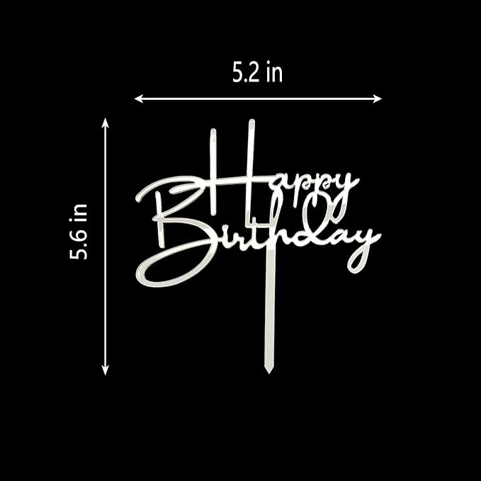 Happy Birthday Cake Topper for Birthday Party Decorations - Mirror Silver Acrylic