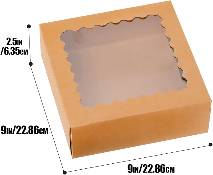qiqee 9x9x2.5 Inch Brown Pie Boxes with Window 12Packs Cookie Donut Bakery Box (Auto-pop Up)