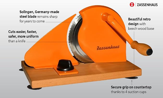 Zassenhaus Original Classic Adjustable Bread Slicer for Uniform Slices - Bread Slicer for Homemade Bread - 18/8 Stainless Steel Blade Sourdough Cutter -Orange, 11.75" x 8"