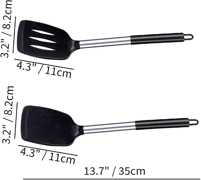 Premium 2-Piece Silicone and Steel Spatula Set, Black Kitchen Utensils with Ergonomic Handles, Professional Cooking Tools