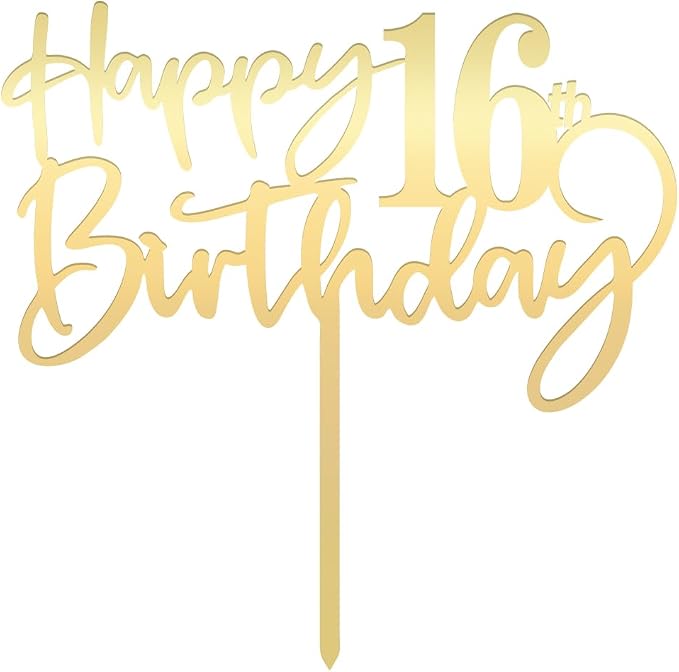 Happy 16 th birthday cake Topper,Mirrored Gold Acrylic Durable Cake Topper,16th Birthday Party Cake Decorations, Hello 16th years old, Happy sixteen years old, Birthday Party Decorations