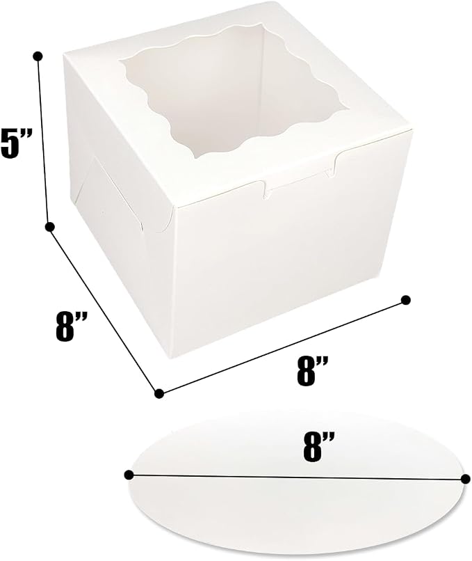 Bakepacker 36pcs 8x8x5 Inches Cake Boxes with Window 18-Packs White 8 Inch Bakery Boxes (18 Cake boxes +18 Cake Boards+10 Meters Silk Ribbon Includes)