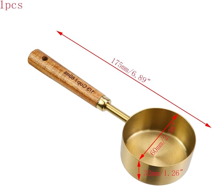 1/3 Cup Measuring Cup with Wooden Handle, 80ml Stainless Steel Measuring Scoop 1/3 Cup Measuring Cups for Baking Cooking Wet and Dry Ingredients (80ml)