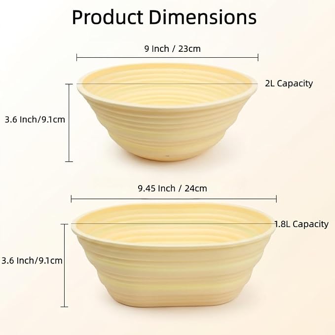 2 Pcs Foldable Silicone Banneton Bread Proofing Baskets 9.45 Inch Oval & 9 Inch Round Non-Stick Proofing Bowl Baking Basket Oven and Dishwasher Safe, Easy to Clean, Making-BPA Free (Yellow)