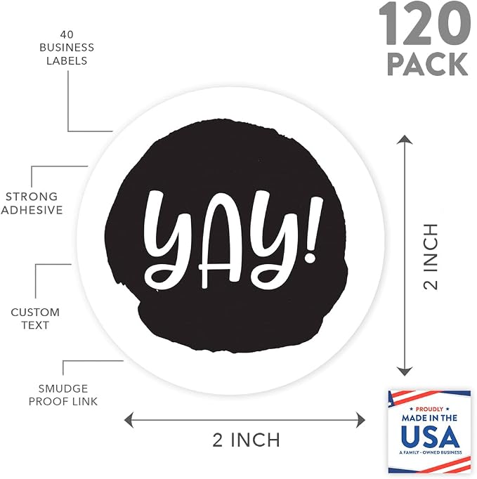 Andaz Press Round Small Business Sticker Labels, 120-Pack, Watercolor Black Yay!, Packaging Stickers, Product Labels for Small Business Thank You Stickers, Company Stickers