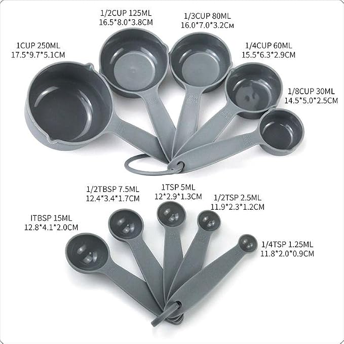 Measuring Cups and Spoons Set, Dry & Liquid Grey Plastic Measuring Cups Spoons Set 10, Metric &US 5 Measure Cup & 5 Spoon, Measure Cups Measurement Spoons for Baking & Kitchen