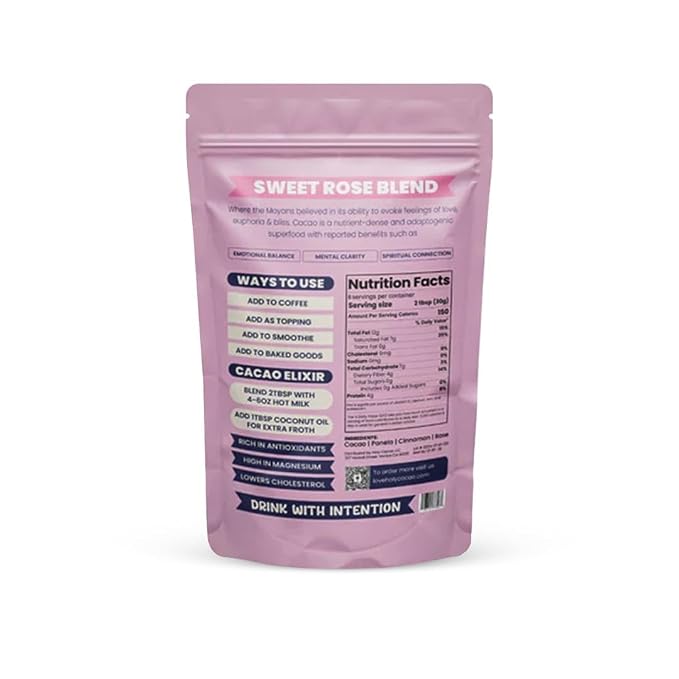 Holy Cacao Sweet Rose Blend – Organic Ceremonial Grade Cacao with Rose Petals, Flavanol Rich Cocoa Powder, Vegan, Gluten Free Drinking Chocolate for Meditation, Mindfulness & Rituals, 8 oz