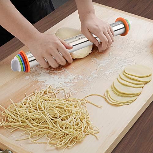 Rolling Pin, MELOP Adjustable Roller Pin with 4 Size Removable Thickness Rings + Oil Brush for Baking Dough, Pizza, Pie, Pastries, Pasta and Cookies, 17inch Stainless Steel