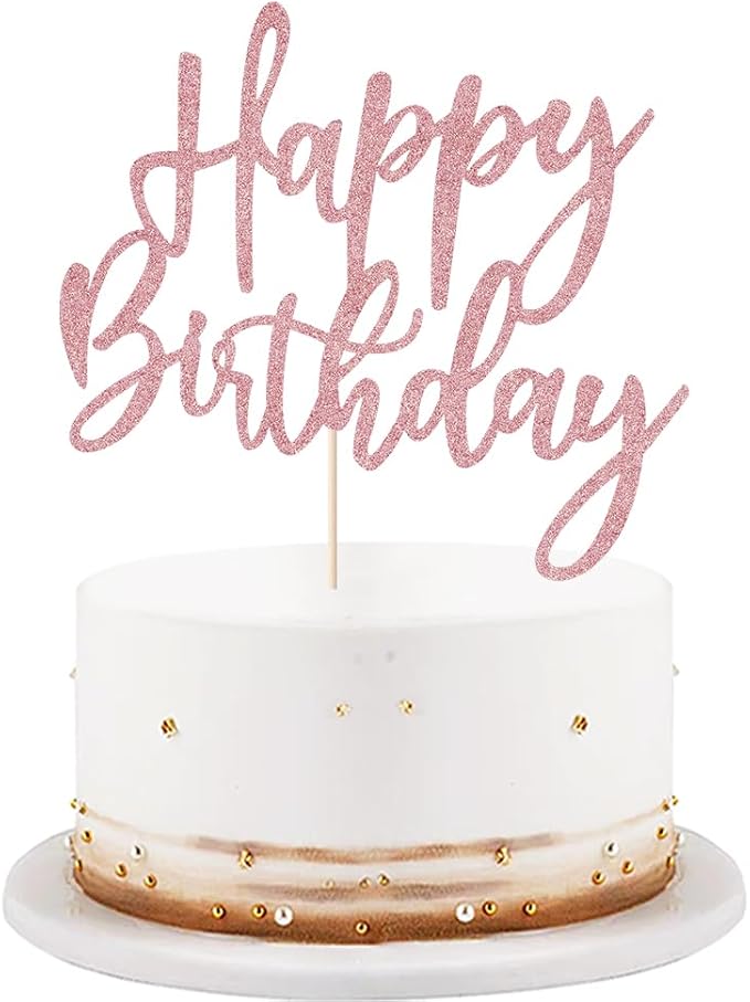 LVEUD Rose Gold Glitter Happy Birthday Cake Topper, 1 Count, 8x7 Inches, Cardstock, Ready to Sparkle, Safe & Non-Toxic