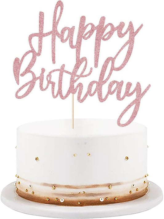 LVEUD Rose Gold Glitter Happy Birthday Cake Topper, 1 Count, 8x7 Inches, Cardstock, Ready to Sparkle, Safe & Non-Toxic
