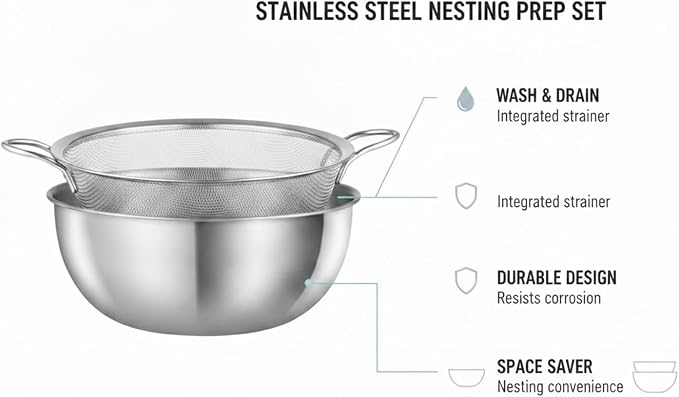Stainless Steel Mixing Bowl Set with Nested Strainer, 2-in-1 Prep Basin for Washing, Draining, and Mixing