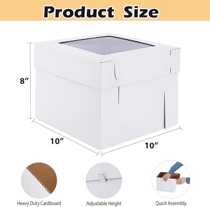 Tall Cake Boxes for Tier Cakes,10x10x8 Inch [12Pack ] Thick Sturdy Bakery Box with Window,White Cake Carrier, Disposable Cake Containers,Birthday Cake Boxes