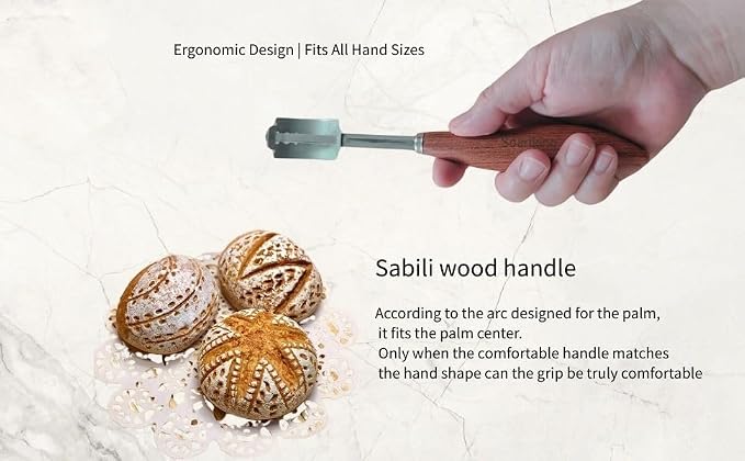 Rosewood Bread Lame for Sourdough Scoring, Ergonomic Curved Wood Handle Bread Slashing Tool with 304 Stainless Steel Stick, Includes Storage Box and 10 Replaceable Blades for Professional Bakers