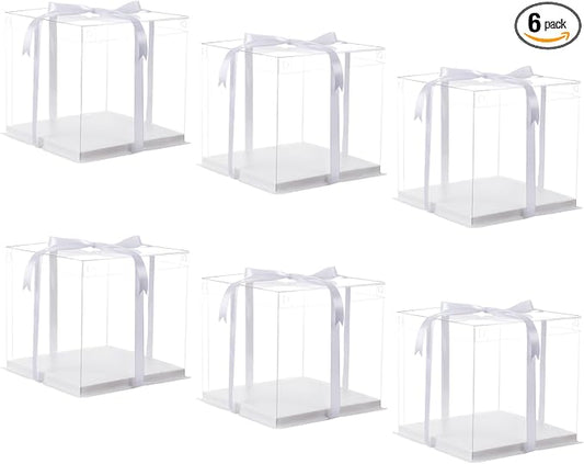 XININSUN 10 inch Clear cake Box, Large Transparent cake Box,tall cake boxes with Ribbon,10x10x9inch - Suitable for packing 8" or 10" cakes,Clear Gift Display Box for Carry Tall Layer Gift-6Pcs-White