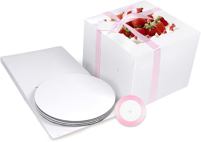 Bakepacker 36pcs 8x8x5 Inches Cake Boxes with Window 18-Packs White 8 Inch Bakery Boxes (18 Cake boxes +18 Cake Boards+10 Meters Silk Ribbon Includes)