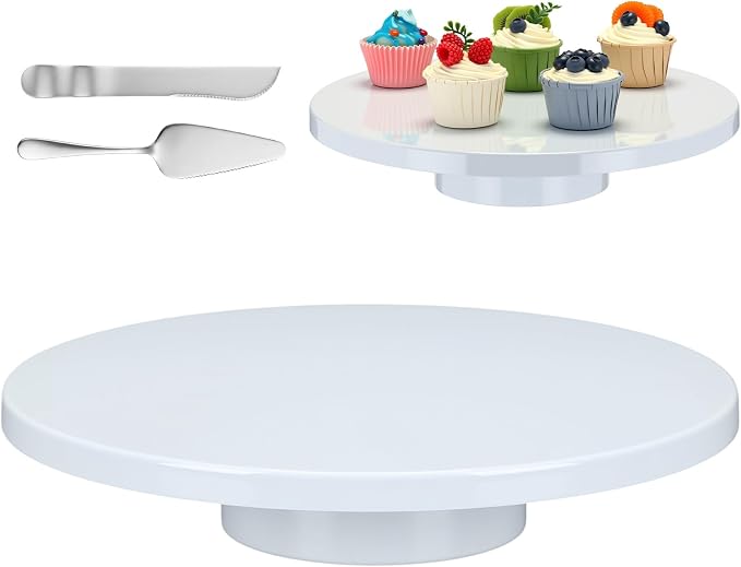 Wenqik 14 Inch Metal Cake Stand with Cake Knife and Spatula, Round Dessert Table Display Stand Metal Dessert Tray Serving Platter for Party, Wedding, Birthday, Baby Shower, Anniversary(White)