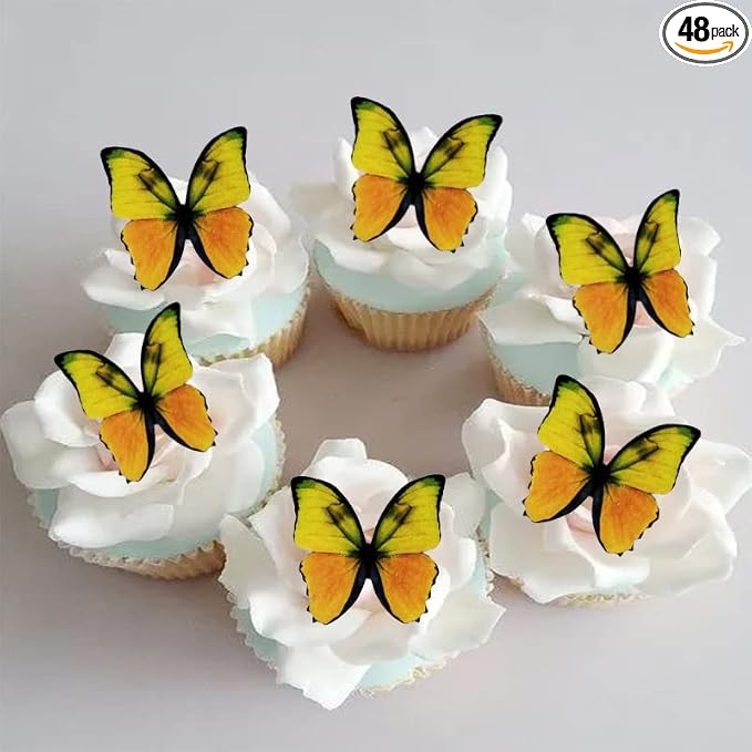 Edible Wafer Paper Butterflies Set of 48 Yellow Cake Decorations, Cupcake Topper