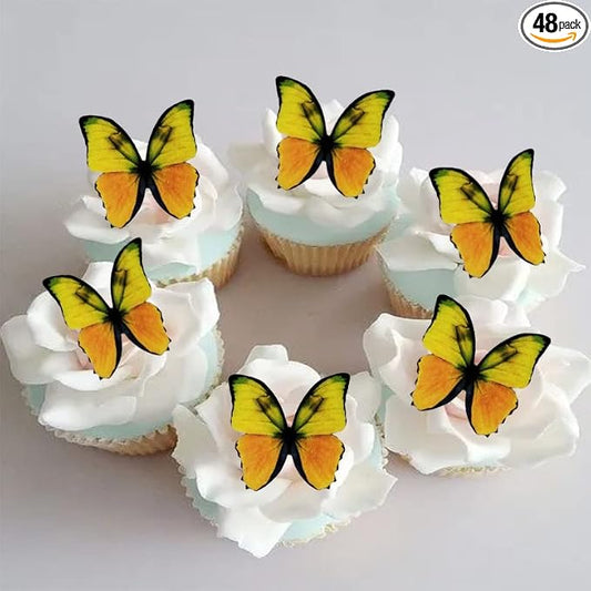 Edible Wafer Paper Butterflies Set of 48 Yellow Cake Decorations, Cupcake Topper
