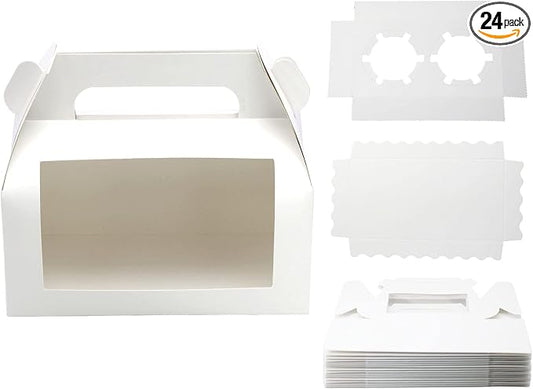 24pcs White Cupcake Boxes 6.8''x3.6''x3.1'' Clear Window Cake Paper Holders Cake Boards Disposable Tiered Handle Boxes Cake Containers Treat Boxes Gift for Party Wedding, Christmas | Food-grade cardboard bakery boxes with window. Rustic design for gift...