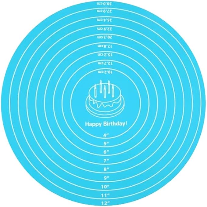 Silicone Cake Mat 2Pcs 12 Inch Round Baking Mats with Measurements Reusable Turntable Pastry Mats for Rolling Dough, Cakes, Pizza, and Cookies (1, Blue)