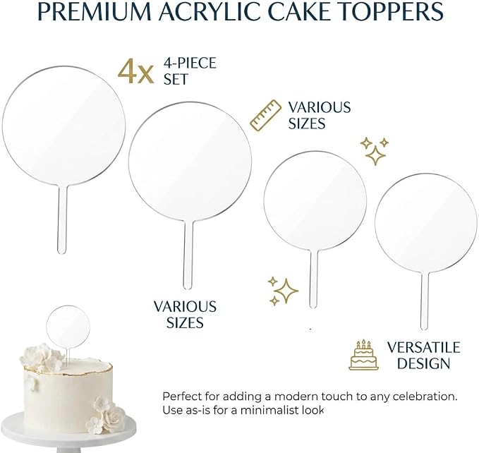 4Pcs Acrylic Cake Topper, 2Pcs 4 Inch and 2Pcs 6 Inch Custom Cake Toppers, Round Cake Decorations for Baking and Dessert Displays
