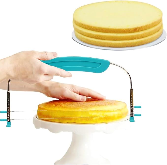 Adjustable 2- Wire Cake Slicer Leveler Small Cake Cutter Slicer for Leveling Tops of Layer Cakes Professional Baking Tool with Stainless Steel Wires and Sea Blue Handle