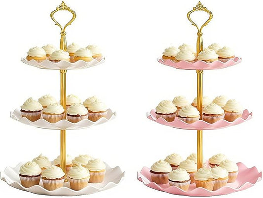 2 PCS 3 Tier Cupcake Stand Holder, Plastic Cupcake Holder Towel with Multiple Layers of Trays, Used for Cupcakes, Donuts, Fruits, Etc., White (White+Pink)