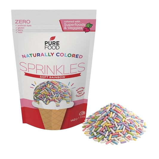 Pure Food By Estee Natural Soft Rainbow Color Sprinkles, 5oz | Vegan | Dye Free Rainbow Jimmies for Baking | Natural Colors | Soy Free, Gluten Free, Dairy Free, Nut Free