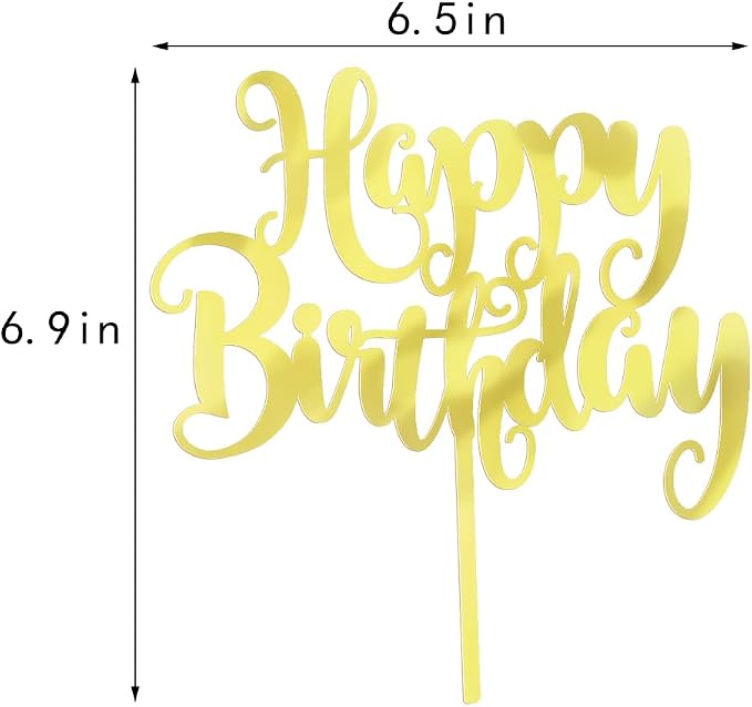 Happy Birthday Cake Topper- Glitter Happy Birthday Cake Decor, Handmade Anniversary/Birthday Party Supplies (Acrylic gold)
