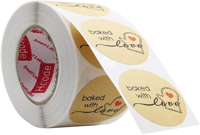 Hcode 500 Natural Kraft Paper Round Baked with Love Stickers with Red Heart in Baking Gloves 1.5 Inch Adhesive Label (1 roll, Kraft Baked with Love)