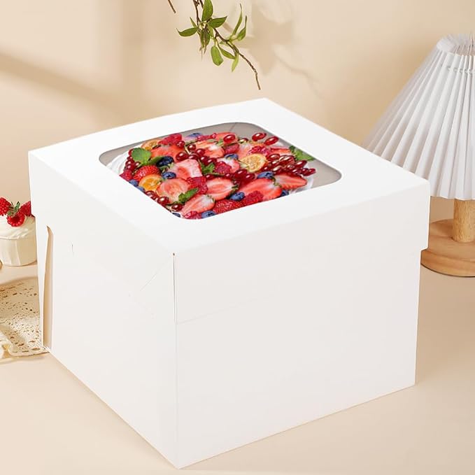 12x12x12 Cake Boxes Tall Cake Boxes White 2 Tier Bakery Cake Transport Container with Window for Weddings Birthdays Decorating with Ribbons, 2 Pack