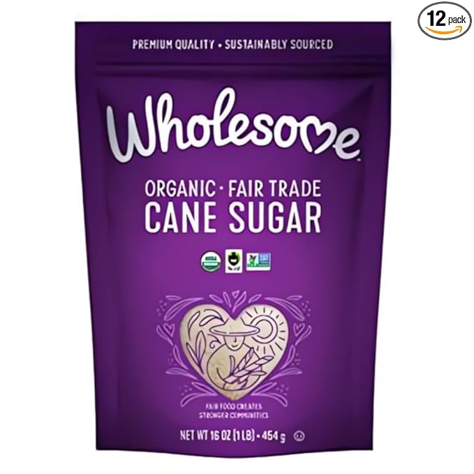 Wholesome Sweeteners 16-Ounce Organic Cane Sugar, Fair Trade, Non GMO, Gluten Free, Pure & Vegan, for Baking and Sweetening, 12 Pack