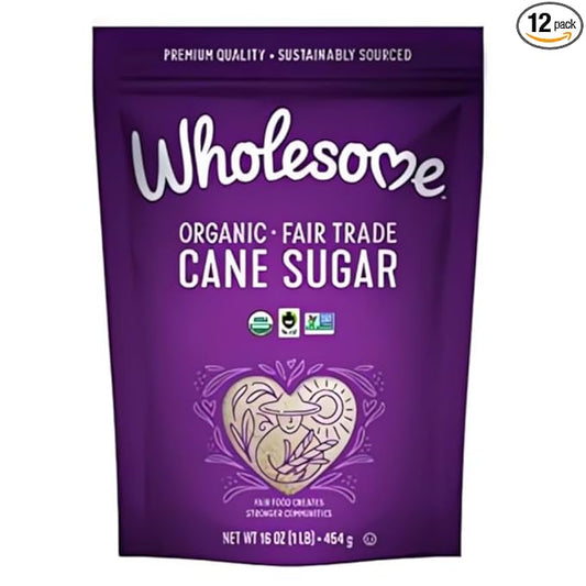 Wholesome Sweeteners 16-Ounce Organic Cane Sugar, Fair Trade, Non GMO, Gluten Free, Pure & Vegan, for Baking and Sweetening, 12 Pack
