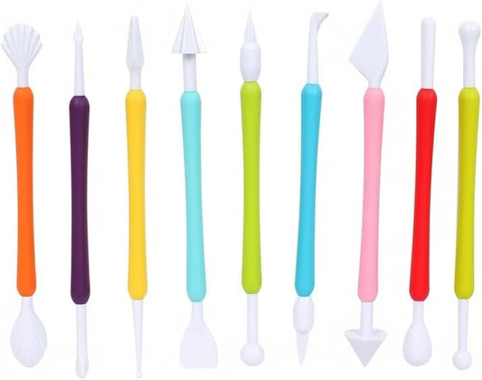 9-Piece Fondant Sculpting Tool Set - PC Plastic Modeling Kit for Cake Decorating, Gum Paste & Chocolate - Multicolor Handles
