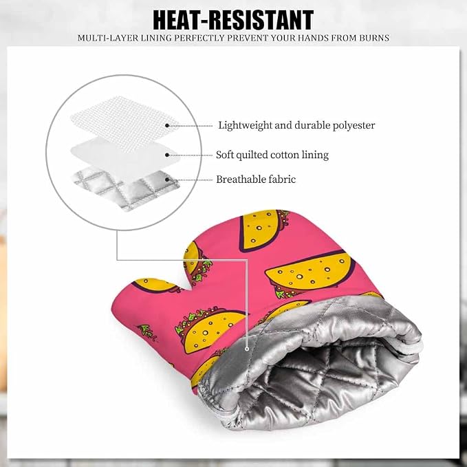 Mxocom Mexican Taco Silicone Oven Mitts and Pot Holders Sets Cute Cartoon on Pink Background BBQ Gloves for Kitchen,Cooking,Baking,Grilling