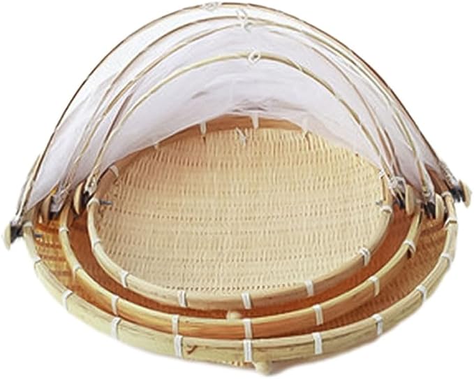 Handmade Woven Storage Basket with Foldable Net Cover, Natural Rattan Kitchen Organizer for Fruit Bread, Mesh Dome Sundries Container, Portable Snack(Small)