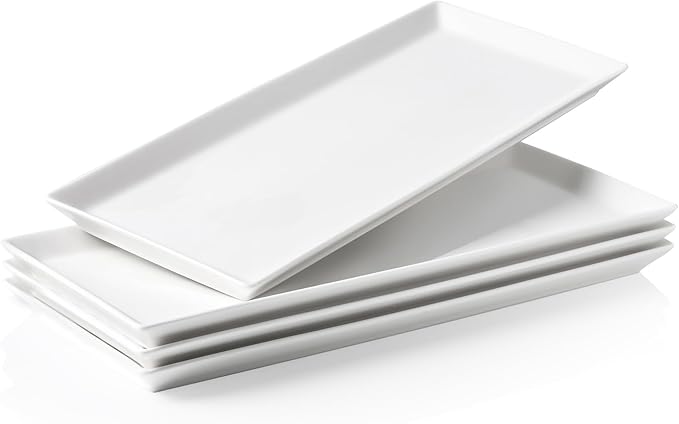 Kanwone White Serving Platters, Porcelain Serving Trays for Parties, Large Rectangular Plates - 14.5 Inch, Set of 4