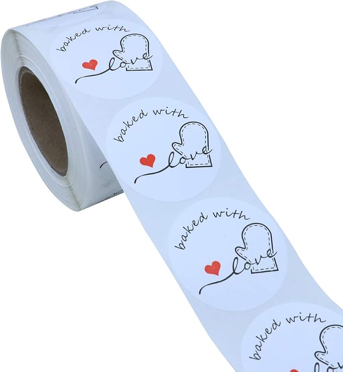 Hybsk Rustic Baked with Love Stickers with Wreath Around 1.5" Inch Round Total 500 Adhesive Labels Per Roll(Glossy)