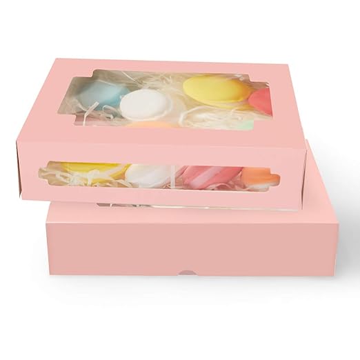 qiqee 36Packs Auto-pop Pink Cookie Boxes for Gift Giving 8x5.3x2 inch One Second Folding Pink Bakery Box with Window Treat Box for Donuts Candies and Biscuit
