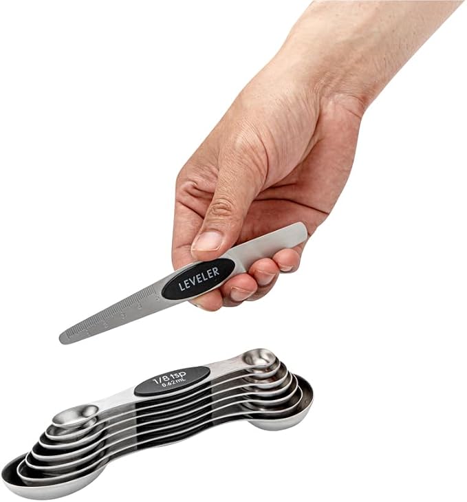 Restaurantware Met Lux 8-piece Measuring Spoon Set 1 Premium Magnetic Measuring Spoon Set - Dual-Sided With Leveler Black Stainless steel Spoon Set With U.S. And Metric Units Dishwashable