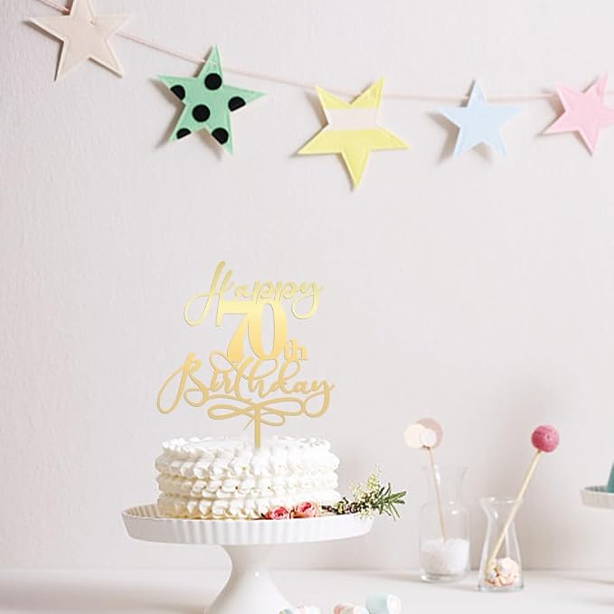 Happy 70th Birthday Cake Topper,Mirrored Gold Acrylic Durable Cake Topper，Hello 70, Cheers to 70 Years/70th Anniversary,70th Birthday Party Cake Decorations，Birthday Party Decorations